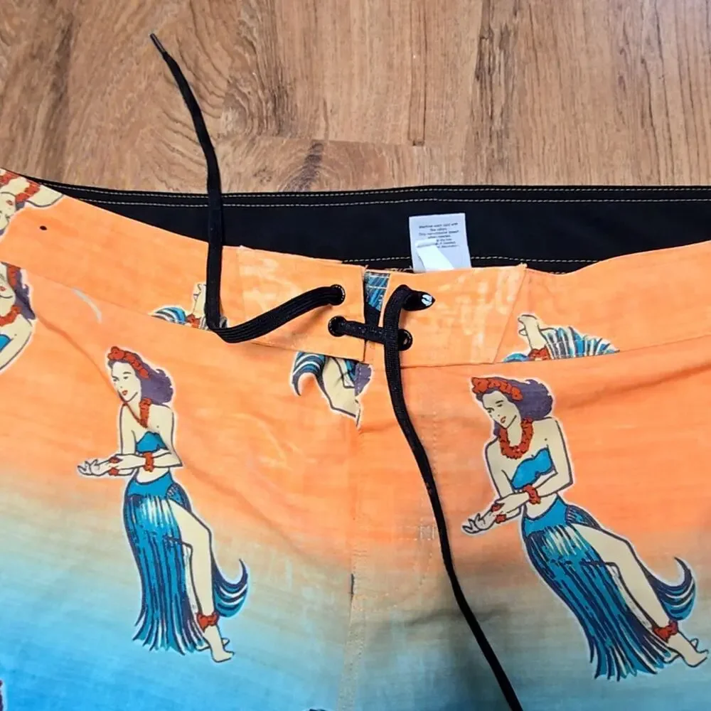 Hang Ten Hula Girl Graphic Board Shorts Orange Blue Mens 38 Swim Trunks